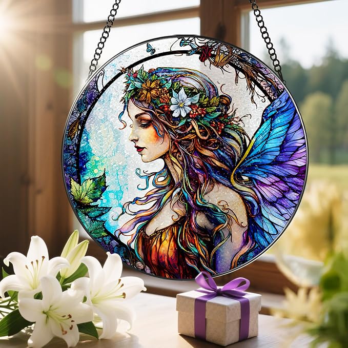 Stained Glass Window Hanging, LAOWEIKI 8'' Fairy Suncatcher, Stained Glass - Image 6