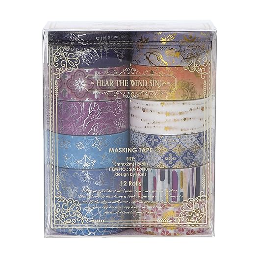 12 Rolls Charming Washi Tape Set Gold Silver Foil Detailing Arts Adhesive Tapes Basic Patterns Decorative Masking Tape Sets for Craft, Kids, Scrapbook, DIY, Gift Wrapping (Royal Splendor)