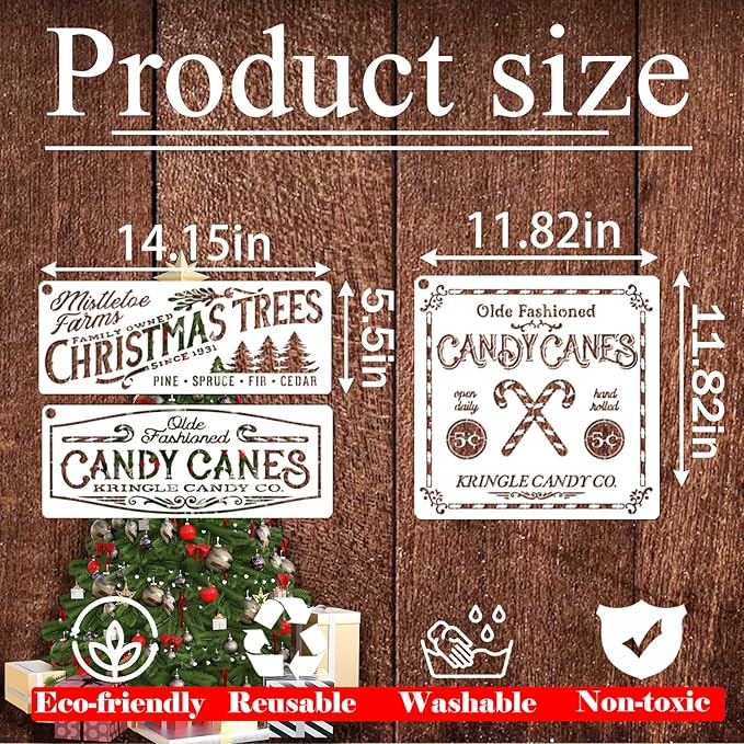 10 Pieces Large Christmas Stencils for Painting on Wood, Reusable Merry Christmas Stencil Candy Cane Christmas Tree Farm Template Holiday Stencils for Wood Sign DIY Crafts (10Pieces large christmas-1)
