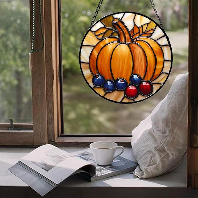 DASTOLL Stained Glass Window Hanging Fall Pumpkin Berries 6.3" - Image 5