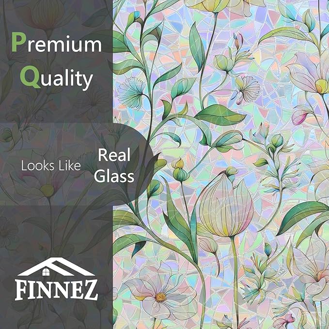 FINNEZ Window Privacy Film Stain Glass Film Flowers Rainbow Window Film Window Clings Non-Adhesive Reusable Decorative for Home（Forest Rainbow，45.2 Inch x 6.5 Feet）