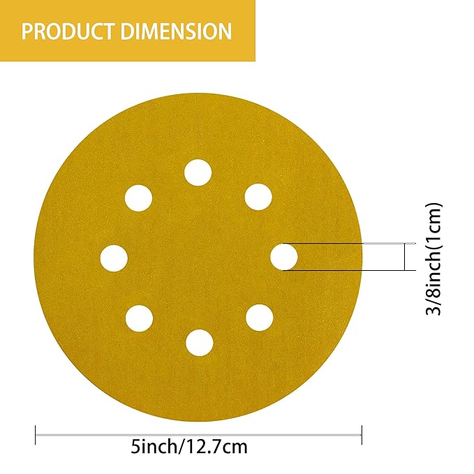 150PCS 600 Grit Gold Sanding Discs, 5-Inch 8-Hole Sandpaper for Random Orbital Sander,for Automotive or Woodworking