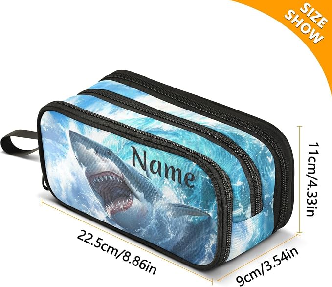 Custom Shark Blue Ocean Wave Pencil Case Box Boys Girls Personalized Name Large - Image 4