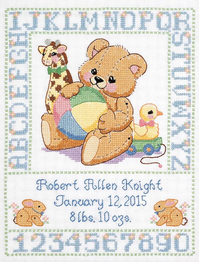 Janlynn C5589 Bear Birth Sampler Stamped Cross Stitch Kit-11"X14" by Janlynn
