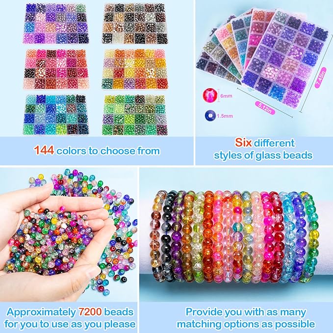 XSEINO About 7200pcs 144 Colors 6mm Crackle Glass Beads Bracelet Making Kit - Image 4