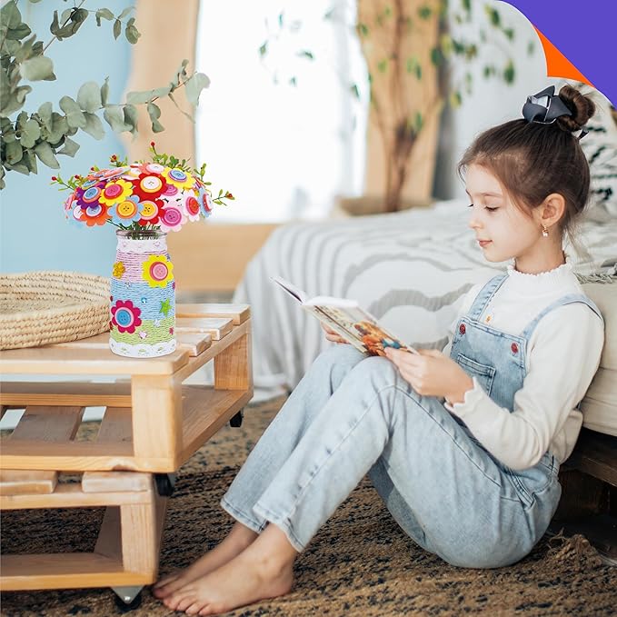 SpriteGru Flower Craft Kit for Kids, Make Your Own Flower Bouquet with Buttons and Colorful Petals, Art Vase and Craft DIY Activity Gift for Boys & Girls Age 4 5 6 7 8 9 10 Year Old (2 Glass Vase)