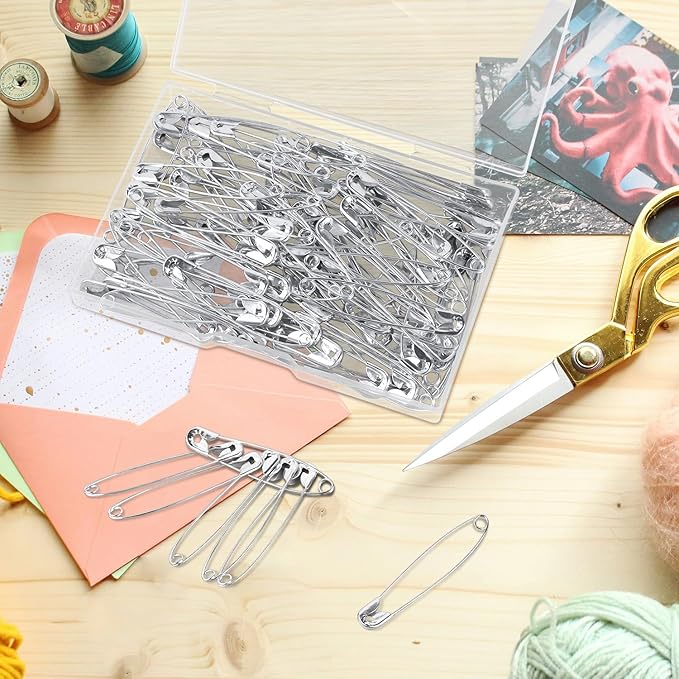 100 Pack Silver Safety Pins Assorted, Galvanized Steel Bulk Safety Pins for Sewing, Clothes, Arts & Craft (2.1 Inch / 54 mm)