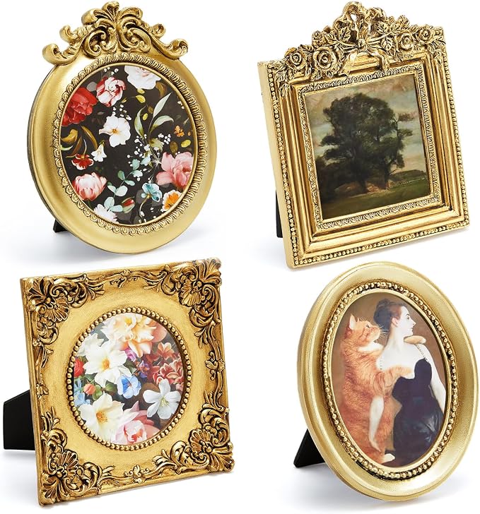 Qunclay Vintage Mini Picture Frames Set of 4, Round Rectangle Ornate Small by Qunclay