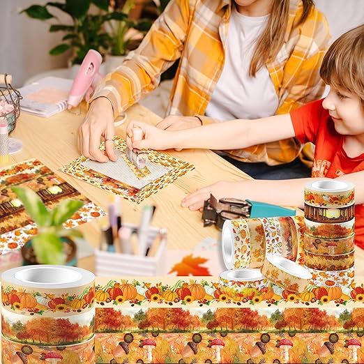 12 Pcs Thanksgiving Washi Tape Maple Leaf Print Masking Tape Pumpkin Pattern Decorative Paper Sticker for Fall Party Holiday Scrapbook DIY Craft Gift Wrapping Handbook Sticker