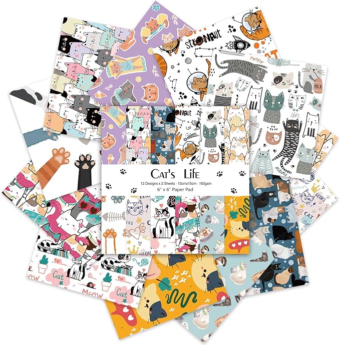 24 Sheets 12 Designs Scrapbook Paper Pad,6"×6” Single-Sided Decopodge Craft Cardstock Paper,Christmas Scrapbooking DIY Decorative Background Cardmaking Supplies.Cat's Life