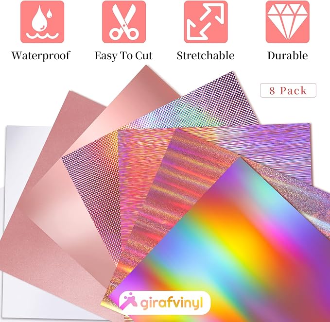 GIRAFVINYL Rose Gold Holographic Vinyl Permanent, Rose Gold Permanent Vinyl 6 Sheets Pink Adhesive Viny1 for DIY Cup, Home, Car Christmas Decorations, 12" x 12"