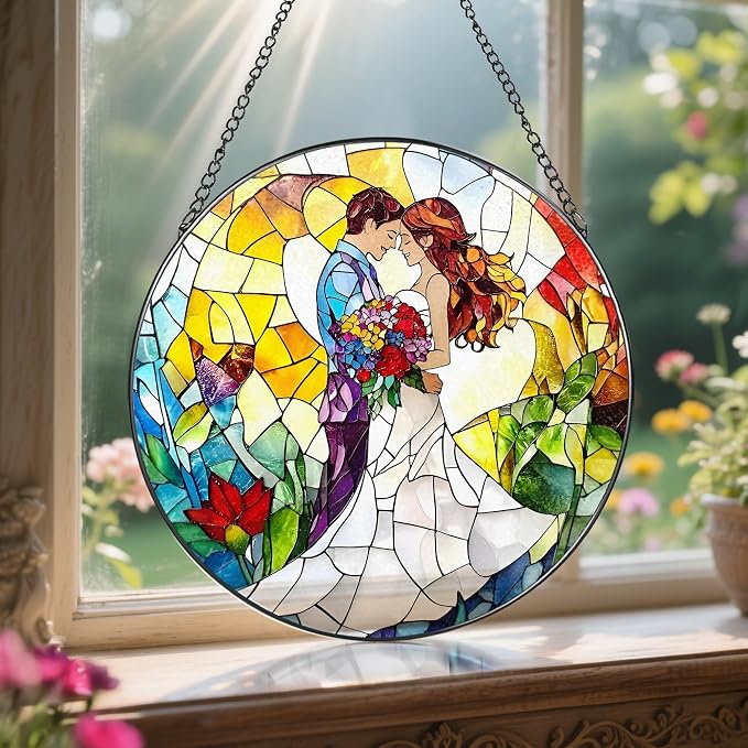 8'' Romantic Couple Wedding Sun Catcher Ornament, Stained Glass Window Hanging - Image 5
