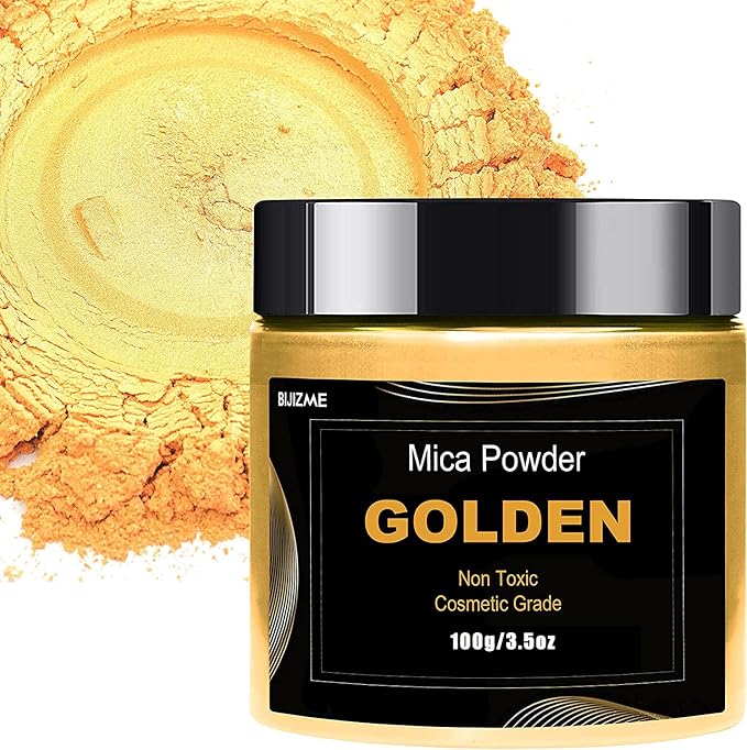 Golden Mica Powder Pigment (100g) -Cosmetic Grade Metallic Mica Powder for Epoxy Resin, Lip Gloss, Soap,Candle Making, Bath Bombs,Tumblers, Jewelry, Dyes, and DIY Crafting Projects(Golden, 3.5oz)