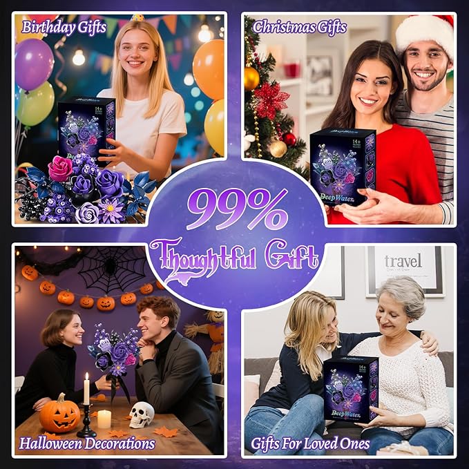 Gohero Purple Roses Building Blocks Set (822PCS) - Lego Compatible Flowers for Adults, Gothic Home Decor, for Women & Teen Girls, Making It an Ideal Gift for Halloween, Valentine's Day.