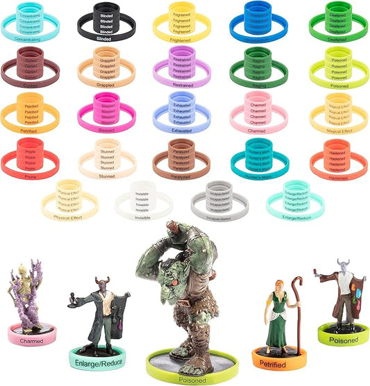Flexible Condition Rings Status Effect Markers (120 Rings for Standard & Large)- 24 Different Conditions DND Flexible Design- Easy Affix Base Slides Under Figure- Compatible w Pathfinder & RPG Games
