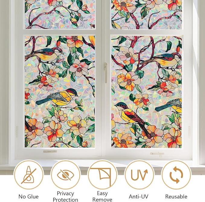 Kromapolis Window Privacy Film, Stained Glass Sticker Floral Window Clings - Image 5