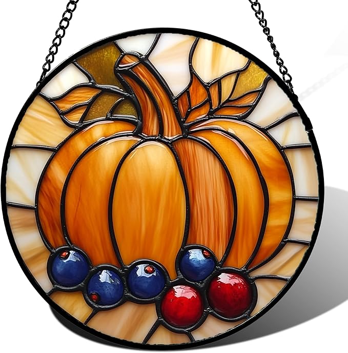DASTOLL Stained Glass Window Hanging Fall Pumpkin Berries 7.8" by DASTOLL