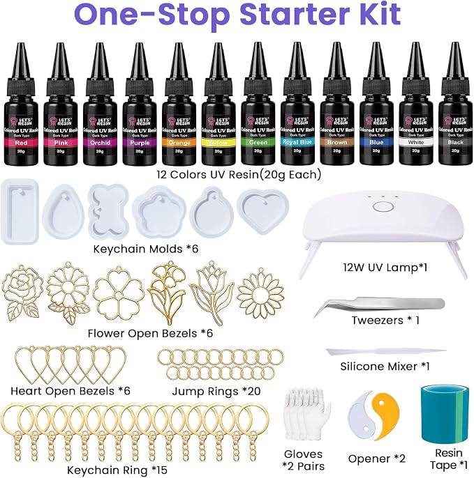 LET'S RESIN All-Inclusive Keychain Making Kit, 12-Color UV Resin - Image 2