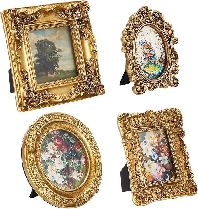 Qunclay Vintage Mini Picture Frames Set of 4, Round Rectangle Ornate Small by Qunclay