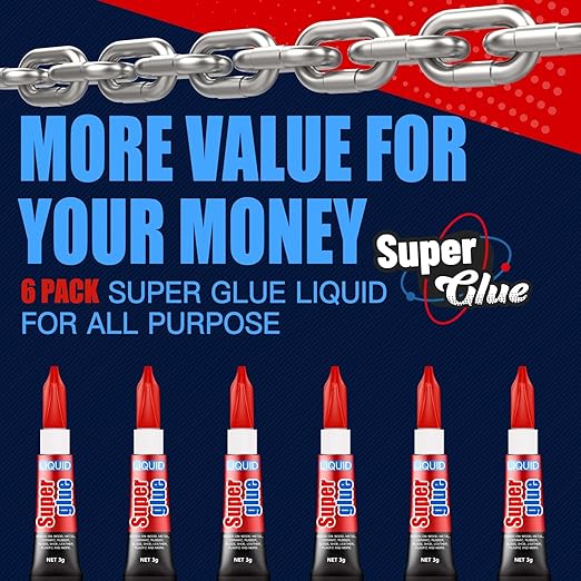 3 Gram (Pack of 6) Single Use Super Glue Liquid, Super Fast, Thin & Strong Adhesive Superglue, Cyanoacrylate Glue for Hard Plastics, DIY Craft, Ceramics, Leather, Metal Etc