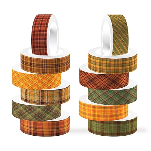 12 Pcs Thanksgiving Washi Tape Plaid Pattern Masking Tape Decorations Thanksgiving Decorative Paper Sticker for Vintage Journals, Planners, DIY Craft Gift Wrapping