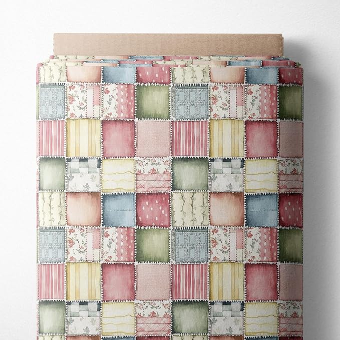 Soft Meadow Patchwork Cotton Fabric Panel, Pastel Floral & Stripe Design by FabricsTown