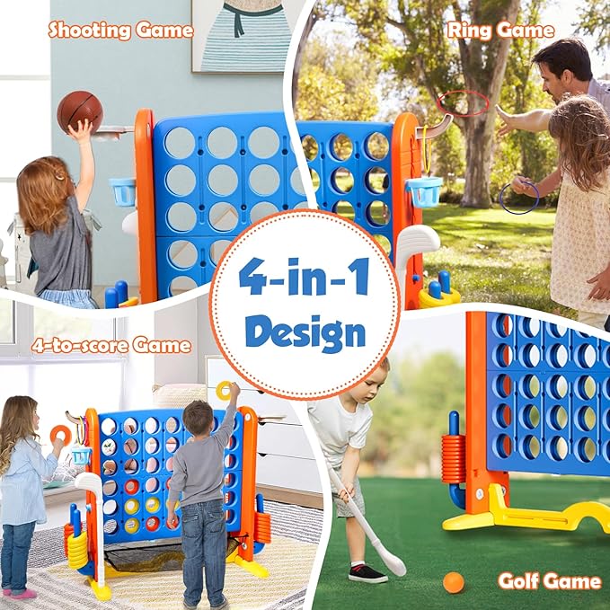 Giant 4 in a Row Connect Game with Mesh Fabric | Height Adjustable 4-in-1 Jumbo 4-to-Score Yard Game Set with Basketball, Golf & Ring Toss | Outdoor Indoor Family Yard Party Game for Kids & Adults