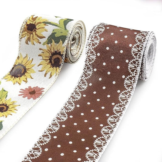 2 Rolls 10 Yard Thanksgiving Fall Wired Ribbon for Crafts Wreath Bow Making Sunflower Dot Ribbon Autumn Harvest Burlap Ribbon for Wrapping Thanksgiving Party Home Decoration 2.5''