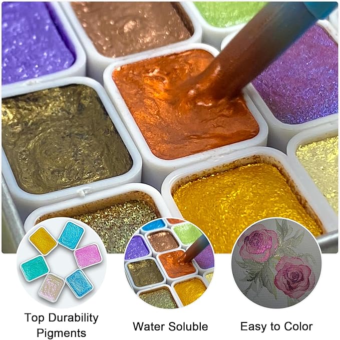 Glitter Watercolor Painting Kit,30 Color Shifting Watercolor Paint Set, Metallic Watercolor Paints, Solid Water Colors Paint Adult Set, Detail Paint Brush Included, for Artists