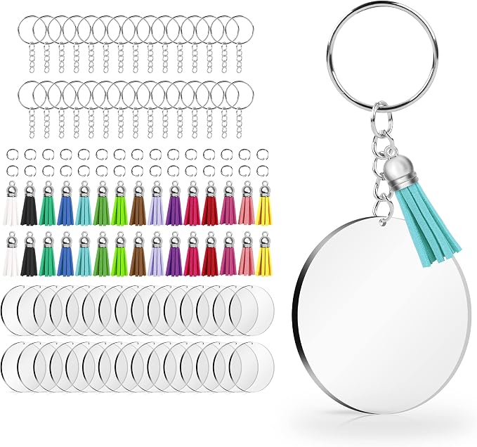 120 pcs Acrylic Keychain Blank Silver Kit | Silver Tassels, Rings & Jump Rings by Lganze