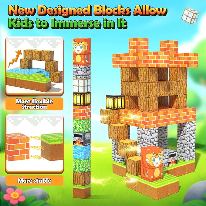 100PCS Magnetic Blocks - Build Mine Magnet World Froest Fox Adventure Set, Magnetic Toys Kids Games for Boys & Girls Age 3-5 5-7 8-12, Sensory Construction Outdoor Toys for Toddlers Birthday Gifts