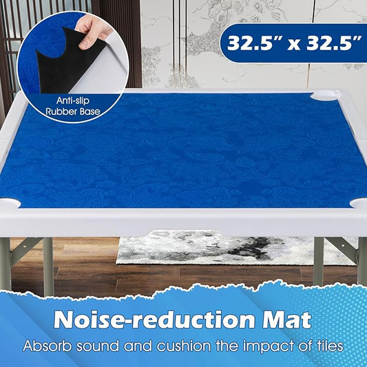 Giantex Folding Mahjong Table, 35" Square Card Table with Cup Holders, Removable Noise Reduction Mat, HDPE Tabletop, 4-Player Portable Domino Tables for Poker Blackjack Board Game (Dark Blue)
