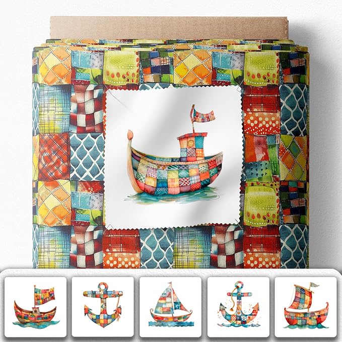Patchwork Boat Cotton Fabric Panel – Six 10×10 inch Designs + Bonus 29.5×19.6 - Image 2