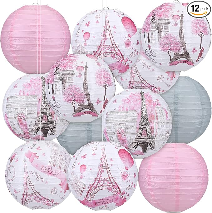 Panelee 12 Pcs Paris Party Decorations Eiffel Tower Pink Paper Lanterns 8 Inch by Panelee