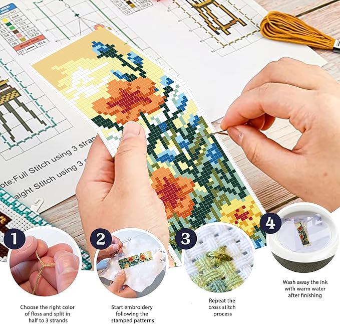 FREEBLOSS 6 Set Cross Stitch Bookmark Kit Wild Flowers Pattern Stamped Cross - Image 4