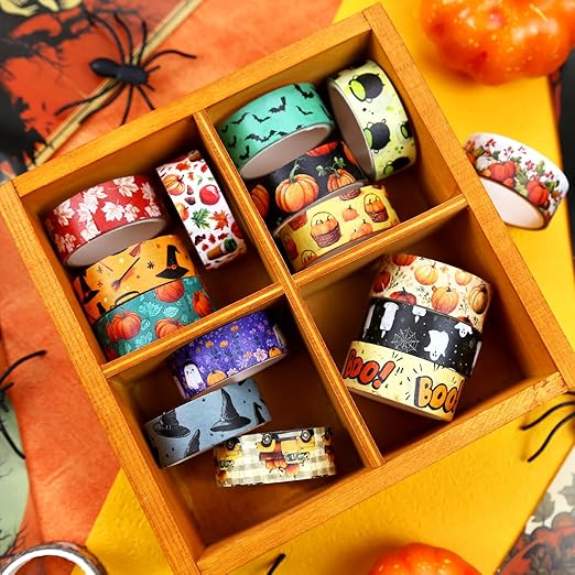 Halloween Washi Tape Set 16 Rolls, Fall & Spooky Decorative Tape, Autumn Washi Tape for Journaling, Crafts, Pumpkin Decor (0.6" x10 ft) - Autumn Leaves, Bats, Pumpkins, Vintage Horror