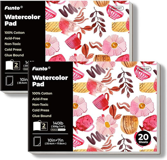 Funto Watercolor Pad, 2 Packs, 10×7", 20 Sheets Each, 140lb/300gsm, 100% Cotton, Glue Bound, Easy Tear Heavyweight Art Paper for Painting