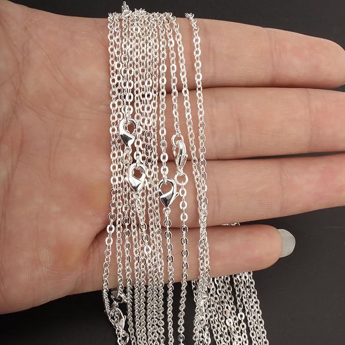 Wholesale 12 PCS Silver Plated Solid Brass Fine Flat Cable Chains Bulk for Jewelry Making 18-30 inches (26 Inch(2MM))