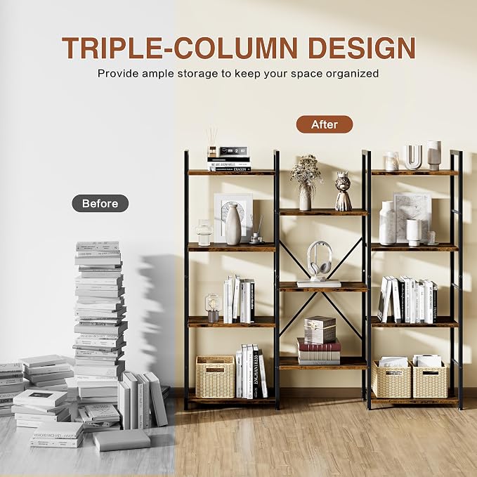 Shintenchi Triple Column 4 Tier Bookshelf, Industrial Large Bookcase Display - Image 4