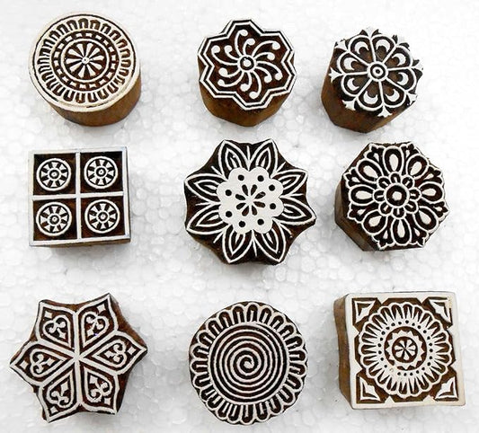 Handcarved Wooden Block Printing Stamps (Set of 9) for Textile Designing/Craft Printing Pattern for Saree/Scrapbookng/Tattoo