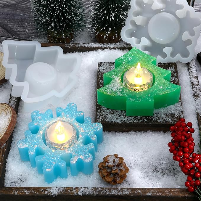 2PCS Christmas Resin Molds Christmas Tree Candle Holder Resin Molds Snowflake Silicone Resin Mold for Tea Lights Epoxy Resin Mold for Home Table Decorations Xmas Decor