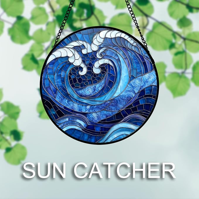 DASTOLL Stained Glass Window Hanging 4 Pcs Set Blue Ocean Waves Large 11.8" - Image 5