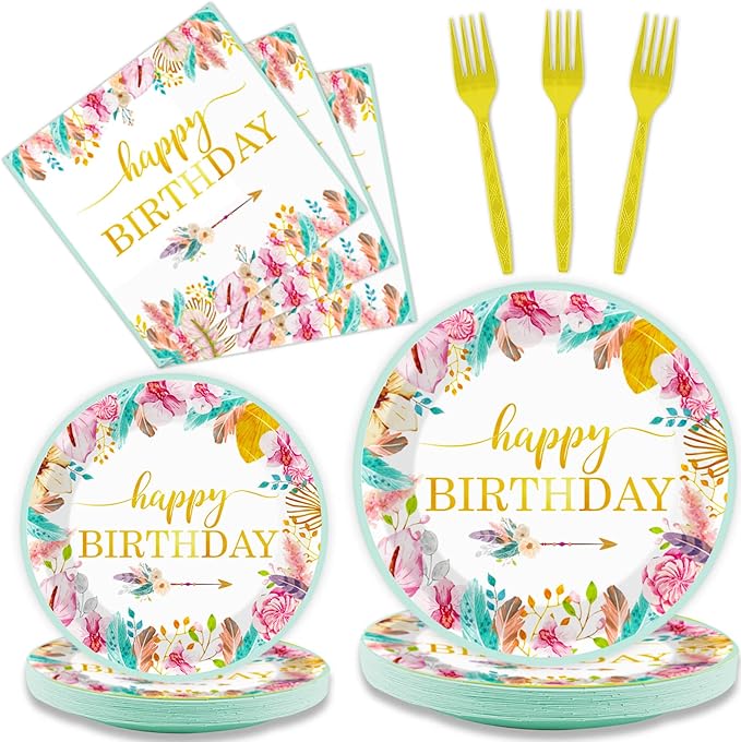 Tevxj 96 Pieces Happy Birthday Party Plates Napkins Boho Decorations Gold by Tevxj