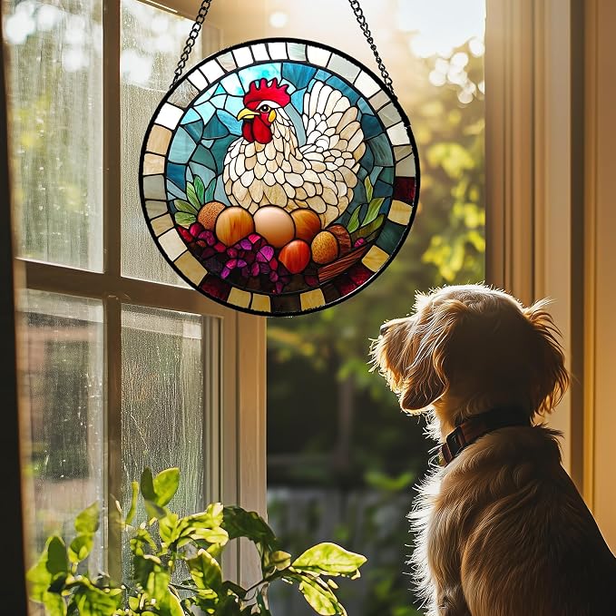 DASTOLL Stained Glass Window Hanging White Chicken Hatching Eggs 7.8" - Image 2