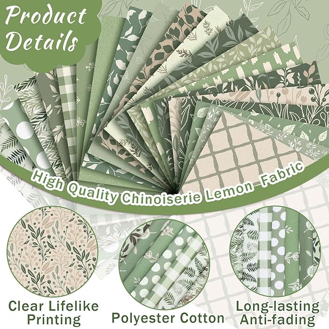 HunnmingRe 20 Pcs 10''x10'' Sage Green Quilting Fabric Square Greenery Precuts - Image 3