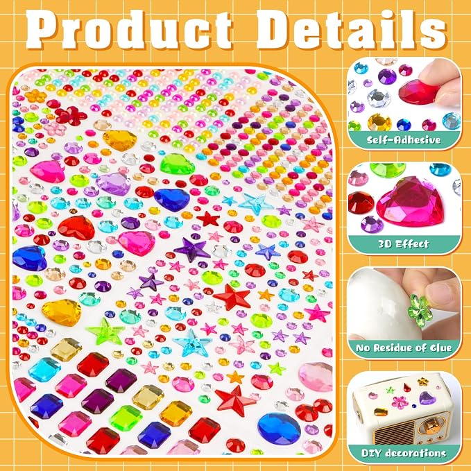 6100 PCS Gem Stickers, Self-Adhesive Rhinestone Stickers, 20 Sheets Colorful - Image 4
