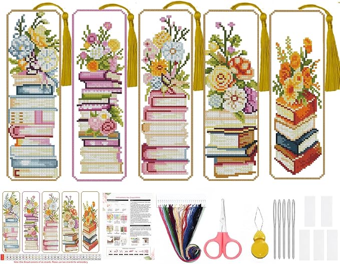 5PC Book Flowers Counted Cross Stitch Bookmark Kit by Paintcolordiamondpainting