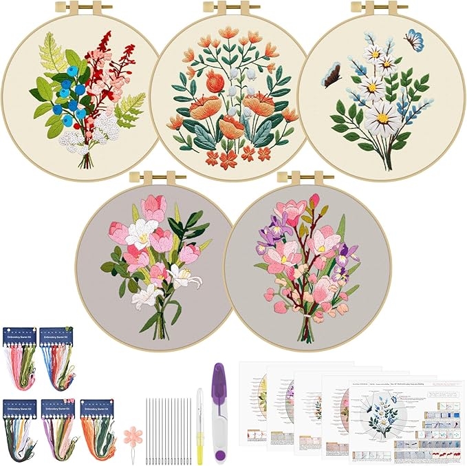 ERKOON 5 Sets Embroidery Kit for Beginners, Butterfly Cross Stitch Set for by ERKOON