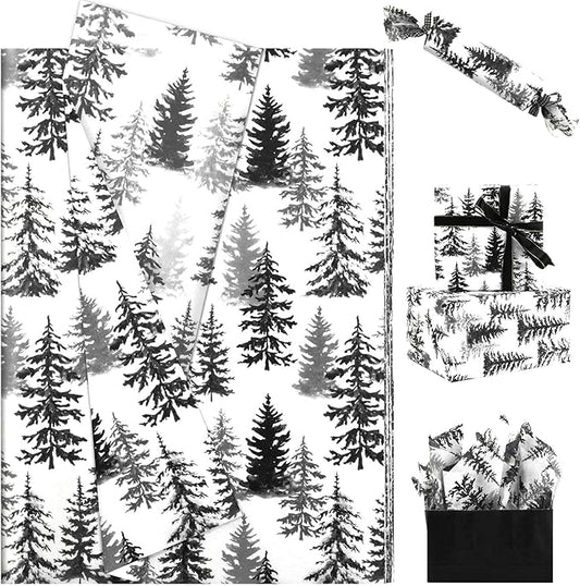 100 Sheets Christmas Tree Tissue Paper, 20x14in Forest Style Wrapping Tissue Watercolor Xmas Tree Art Tissue for Xmas Party Gift Bag Fillers Winter Party Decor (Black)