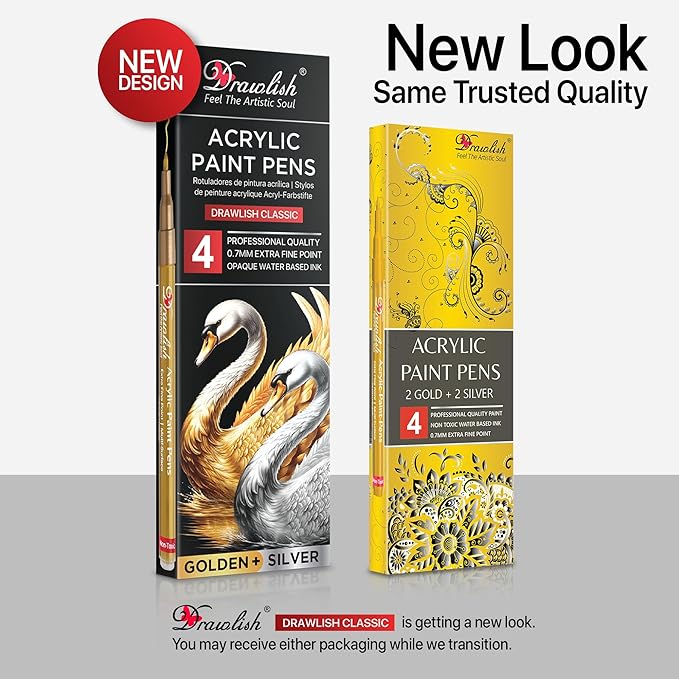 Acrylic Paint Pens - Permanent Markers 2 Gold Pens & 2 Silver Paint Marker Pen Set of 4 Acrylic Pen 0.7mm Extra Fine Tip - Ideal for Rock Painting, Fabric, Glass, Wood, Canvas, Ceramic, Porcelain